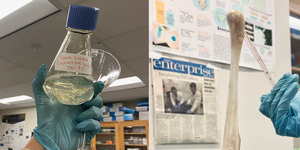 3D-OPS lab photos; a hand holding a beaker, and a sample of artificial spider silk dangling from a dropper