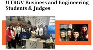 Sustainable Practice Impact Award winner Dr. Sylvia Robles; photo of UTRGV business and engineering students and judges