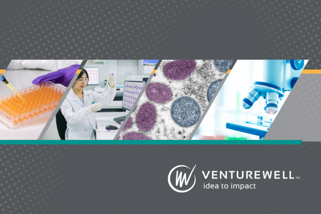 VentureWell Idea to Impact, VentureWell logo, segmented photos of microscope, medical lab, microscope views