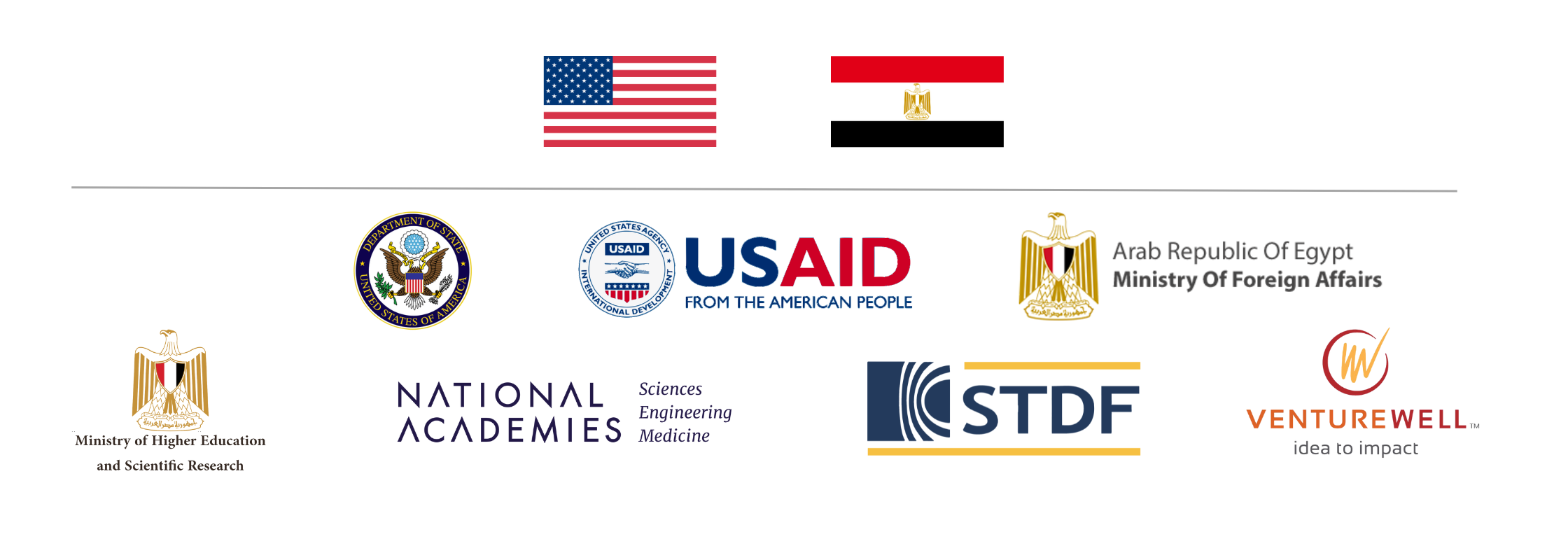 United States and Egypt flags, Innovate Egypt supporter logos: USAID, U.S. Department of State, Arab Republic of Egypt Ministry of Foreign Affairs, Ministry of Higher Education and Research, National Academies, STDF, VentureWell