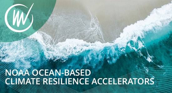 NOAA Climate Resilience Accelerator; photo of ocean wave with VentureWell logo