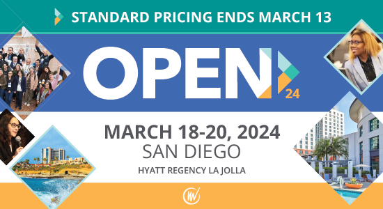 OPEN March 18-20, 2024, San Diego, Hyatt Regency La Jolla, Standard Pricing Ends March 13; logo and photos of venue and past participants