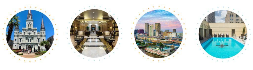 VIA Summit 2025; circles with photos of the hotel, New Orleans skyline and attractions