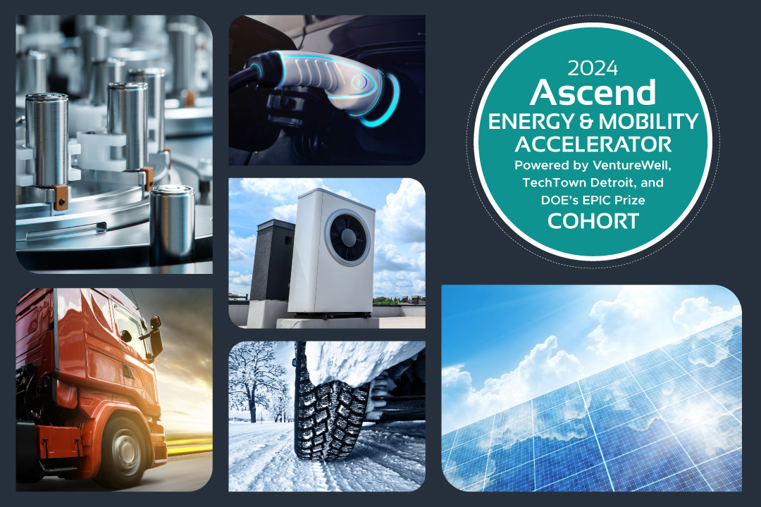 2024 Ascend Energy & Mobility Accelerator, powered by VentureWell, TechTown Detroit, and the U.S. Department of Energy’s EPIC Prize, cohort; photos of the various innovations