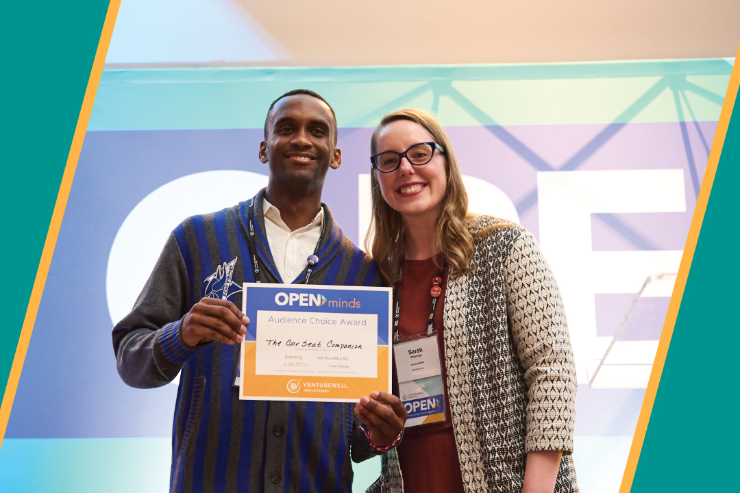 Car Seat Companion Founder Angel Teagle accepting the Audience Choice Award at OPENminds 2024, with VentureWell Program Officer Sarah Wharmby