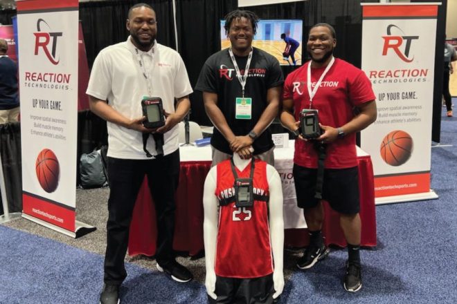 Reaction Technologies; Left to right: Brandon Martin, Jalen Martin, and Marcus Graham at the National Association of Basketball Coaches conference.