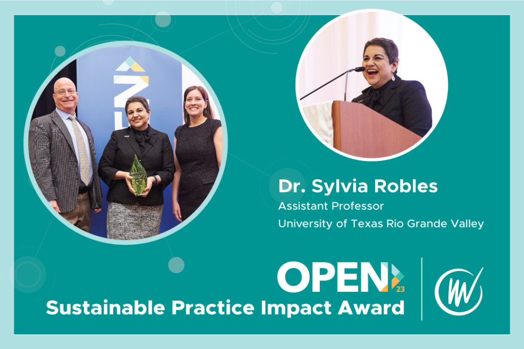 Sustainable Practice Impact Award winner Dr. Sylvia Robles being presented with her award at OPEN 2023.