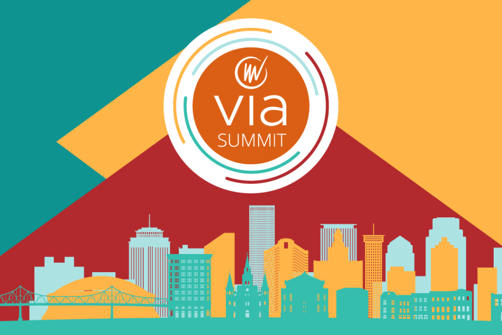 VentureWell Innovation in Action (VIA) Summit; VentureWell logo, silhouetted skyline of New Orleans, patterns in teal and orange and red