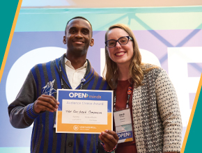 Photo of E-Team Program alum Angel Teagle holding an award certificate, with VentureWell Program Officer Sarah Wharmby.