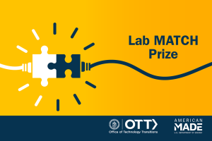 Lab MATCH Prize, Office of Technology Transitions, American-Made U.S. Department of Energy; illustration of two extension cords connecting, with puzzle pieces for plugs