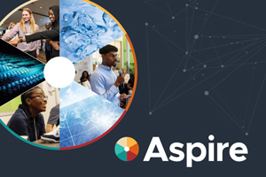 10 Years of Aspire Report; Aspire logo; wheel with photos of innovators and innovations