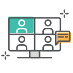 Icon with illustration of a computer monitor with videoconferencing windows and a chat bubble